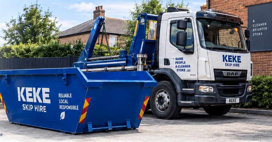 KEKE Skip Hire lorry delivering a blue KEKE skip